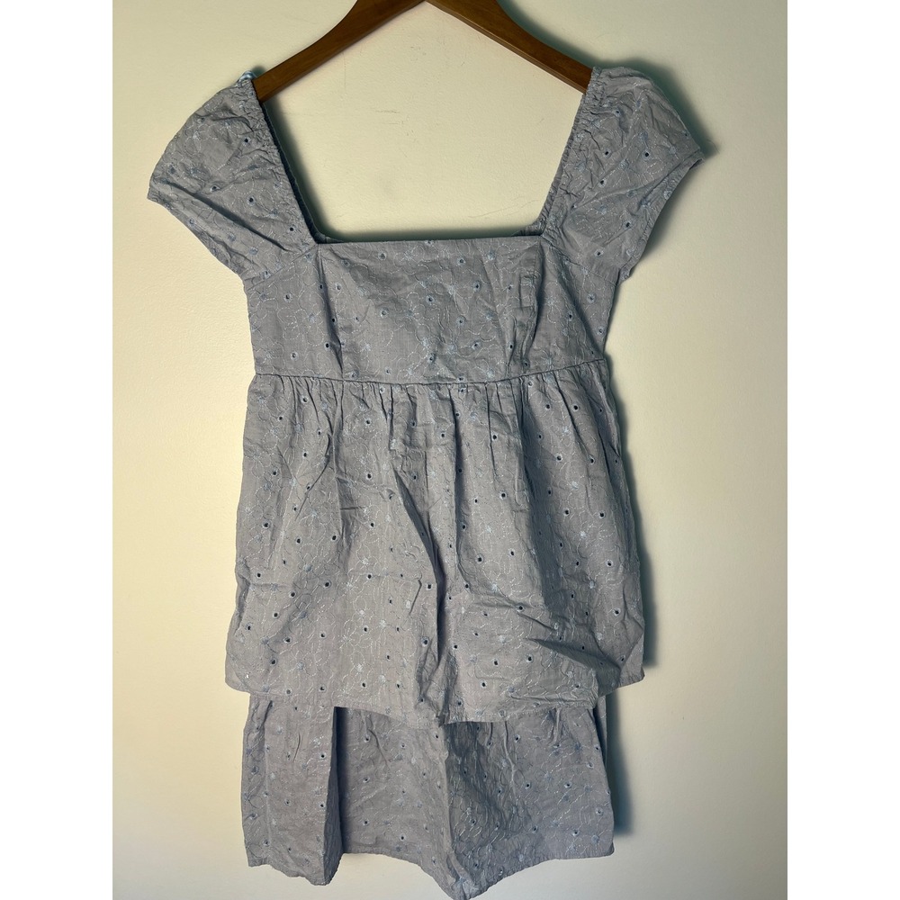 RTR NOW Dress Wm XS Blue Eyelet Tiered Smocked Back Square Neck Mini Cottagecore